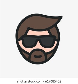 Young Man Hipster Face with Beard and Sunglasses Character. Color Flat Line Icon