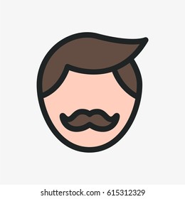 Young Man Hipster Face with Mustache Character. Color Flat Line Icon
