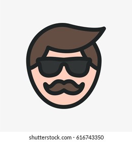 Young Man Hipster Face with Mustache and Sunglasses Character. Color Flat Line Icon
