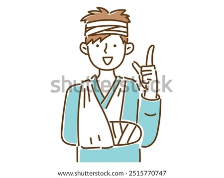 A young man with his arm in a sling and a bandage on his head points with a smile