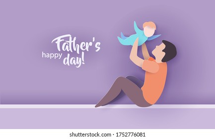 Young man with his baby playing. Happy fathers day card. Paper cut style. Vector illustration