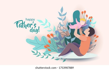 Young man with his baby playing. Happy fathers day card. Paper cut style. Vector illustration