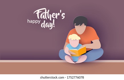 Young man with his baby son reading book. Happy fathers day card. Paper cut style. Vector illustration