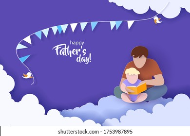 Young man with his baby son reading book over clouds. Happy fathers day card. Paper cut style. Vector illustration