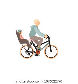 Young man and his child riding on bicycle. Vector.