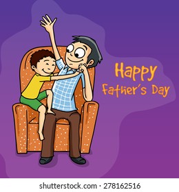 Young man with his cute son sitting on a sofa for Happy Father's Day celebration.