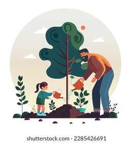 Young Man And His Daughter Character Watering Plants Together From Water Can On Sun Nature Background.