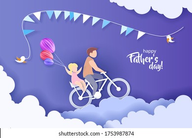 Young man with his daughter riding bicycle over clouds. Happy fathers day card. Paper cut style. Vector illustration