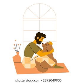 El joven y su perro acurrucando aran en casa. Feliz propietario y su mascota. Ilustración plana vectorial.