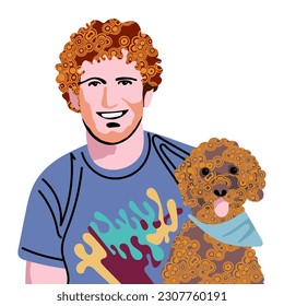 Young man and his dog - hand drawn vector illustration. Flat color design.