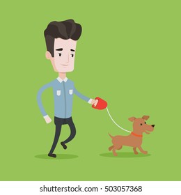 Young man with his dog. Happy man taking dog on walk. Caucasian man walking with his small dog. Smiling man walking a dog on leash. Vector flat design illustration. Square layout.