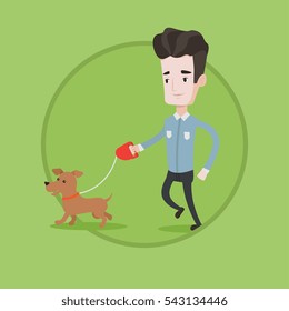 Young man with his dog. Happy man taking dog on walk. Caucasian man walking with his small dog. Smiling guy walking a pet on leash. Vector flat design illustration in the circle isolated on background Young man with his dog. Happy man taking dog on walk. Caucasian man walking with his small dog. Smiling guy walking a pet on leash. Vector flat design illustration in the circle isolated on background