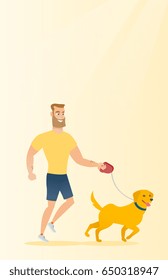 Young man with his dog. Happy hipster man with beard taking dog on walk. Caucasian man walking with his small dog. Smiling man walking a dog on leash. Vector flat design illustration. Vertical layout.