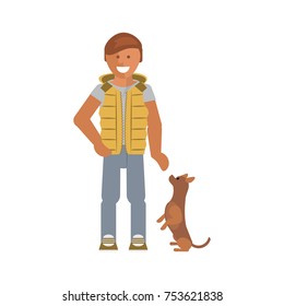 Young man with his dog on the white background. Vector illustration eps 10