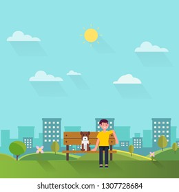 Young man and his dog sit on wooden bench in park with town background. Relax people in public park concept. Weekend summer day man in city nature