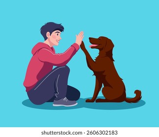 Young man and his dog sitting face to face on the ground, playing and giving each other a high five. Flat vector illustration