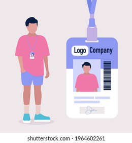 Young man and his Employee Id badge. Customized Name and Photo. Colorful flat vector illustration