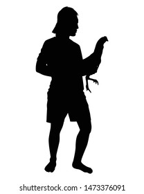 Young man with his fighting chicken silhouette vector