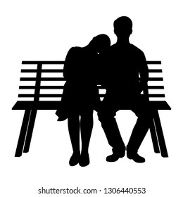 Young man and his girlfriend sit on bench silhouette vector