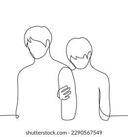 young man with his head down holds his hand and stands behind a tall and older man - one line drawing vector. concept younger brother is shy, afraid, blind and sighted, older and younger brothers