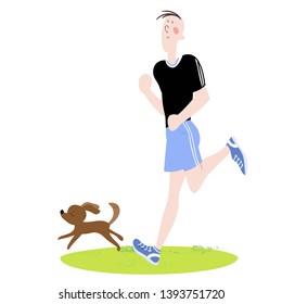 A young man and his pet, exercising outdoors, cardio exercises, running, color, cartoon illustration in vector, for advertising of sports complex, stadium