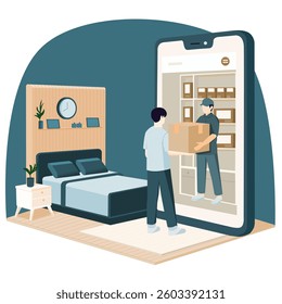 A young man in his room receives a package through a large smartphone displaying a virtual store.
