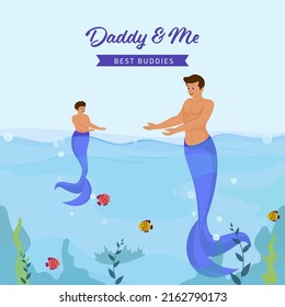 Young Man And His Son Swimming Together With Fishes Underwater On Blue Background.