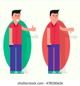 Young man with his thumb up and down. Like and dislike vector illustration. Approval or disapproval, yes or no, positive or negative feedback image