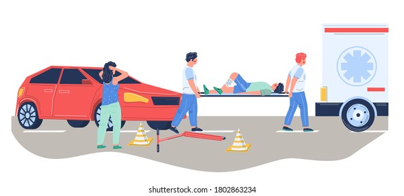 Young man was hit by car. Paramedic emergency medical team rescuing injured patient and transporting him to hospital on stretcher by ambulance car, vector flat illustration. Road traffic accident.