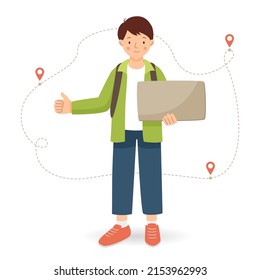 A young man is hitchhiking and holding a sign in his hands. Route with points. Vector flat illustration.