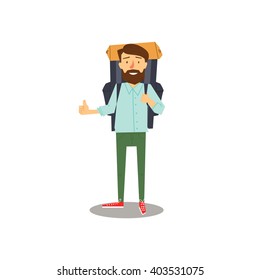 Young Man Hitchhiking. Travel And Tourism Concept. Vector Flat Illustration. Cartoon Style.  Autostop Trip Concept.  Hitch Hiking Man Whith Bag. Tourism Concept. On Road.