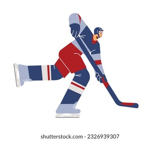 Young man hockey player flat style, vector illustration isolated on white background. Boy on skates with hockey stick in special uniform and protective helmet, sport and hobby, design element