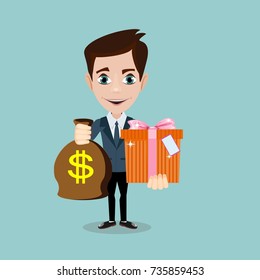 The young man hold a bag with dollars and gift,, vector illustration