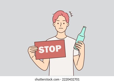 Young man hold bottle and warning sign protest against alcohol consumption. Decisive guy stand against alcoholic addiction and bad habit. Vector illustration. 