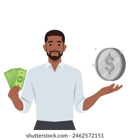 Joven sostiene la mano del Iniciar sesión de la moneda y el dinero del dólar. Ilustración vectorial plana aislada sobre fondo blanco