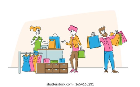 Young Man Hold Colorful Shopping Bags at Counter Disappointed with Girlfriend Make Shopping. Seasonal Sale, Discount. Shopaholic with Purchases in Paper Packs. Cartoon Flat Vector Illustration Linear