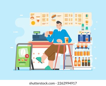 Young man hold a cup of tea relax on small business food  coffee stall shop counter store fast food