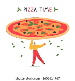 Young man hold hot pizza.Delivery concept with text.Pizza time lettering.Man like margarita pizza.Cartoon character isolated on white background.Colorful flat vector illustration.