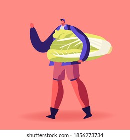 Young Man Hold Huge Chinese Cabbage. Healthy Lifestyle, Organic Vitamin Food Nutrition, Male Character Deliver Fresh Natural Fortified Products, Vegetarian Diet Concept. Cartoon Vector Illustration