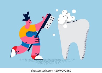 Young man hold toothbrush clean teeth care of dental hygiene. Boy brush cleanse tooth do morning routine. Oral care, dental treatment concept. Hygienic procedures. Dentistry. Vector illustration. 