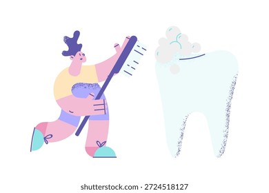 Jovem segura escova de dentes limpos cuidados de higiene dental. Escova de menino limpa o dente da rotina matinal. Cuidados orais, conceito de tratamento dentário. Procedimentos higiênicos. Odontologia. Ilustração vetorial.