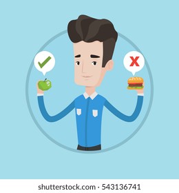 Joven sosteniendo manzana y hamburguesa en las manos. Hombre eligiendo entre manzana y hamburguesa. Concepto nutricional saludable e insalubre. Ilustración de diseño plana vectorial en el círculo aislado en el fondo.