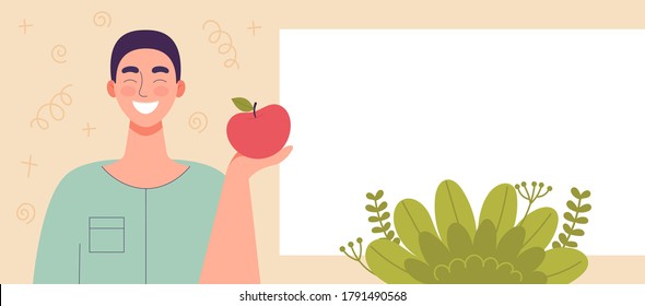 Young Man Holding Apple In Hand. Diet Food, Healthy Lifestyle, Vegetarian Food, Raw Food Diet. Student Snack.Template,space For Text,banner For Web Site. Flat Cartoon Vector Illustration.