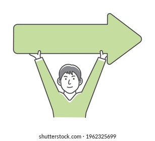Young man holding arrow sign vector illustration.
