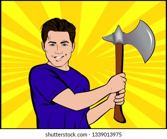 Young Man holding ax.  Working, Battle, defense, fight, blade, fighting man concept. Vintage Pop Art, retro Comic Book style, vector illustration