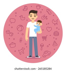 Young man holding baby boy in flat cartoon vector style. Background is a pattern of parenthood and family related symbols.