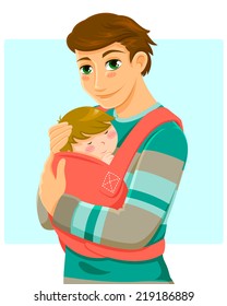 young man holding a baby in a baby carrier