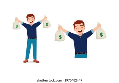 Young Man Holding Bag Of Money And Feel Happy