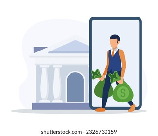 Young man holding bags with money and going to bank. Getting profits from money savings in bank. Business investment profit and valuable economic resources. Budget management methods. Vector