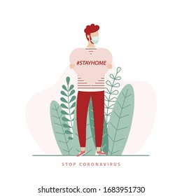 Young man holding a banner with hashtag Stay Home. Quarantine concept illustration for social media, network, mobile app and web design. Self-isolate from a pandemic.